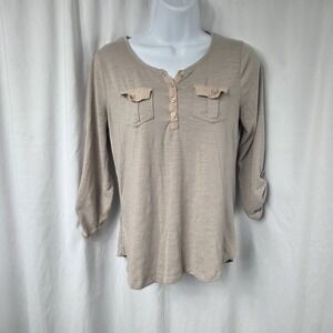 Sonoma Womens XS Henley Roll Tab Sleeve Front Pockets Beige V Neck  Tunic Top